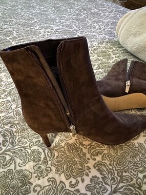 Marc Fisher Dark Brown Suede Pointed Toe Ankle Booties with Side Zips